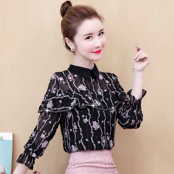 

COIGARSAM Vintage Print Chiffon blouse women Autumn blusas womens tops and blouses Black 037
