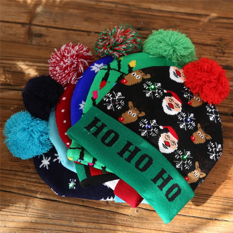 LED Christmas Hats Beanie Sweater Christmas Santa Hat Light Up Knitted Hat for Kid Adult For Party