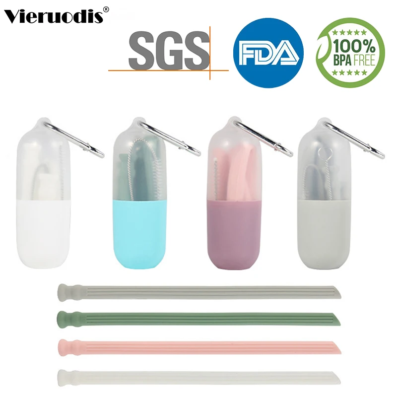 

Collapsible Silicone Straw Reusable Folding Drinking Straw with Carrying Case and Cleaning Brush for Travel, Home, Office Drinks