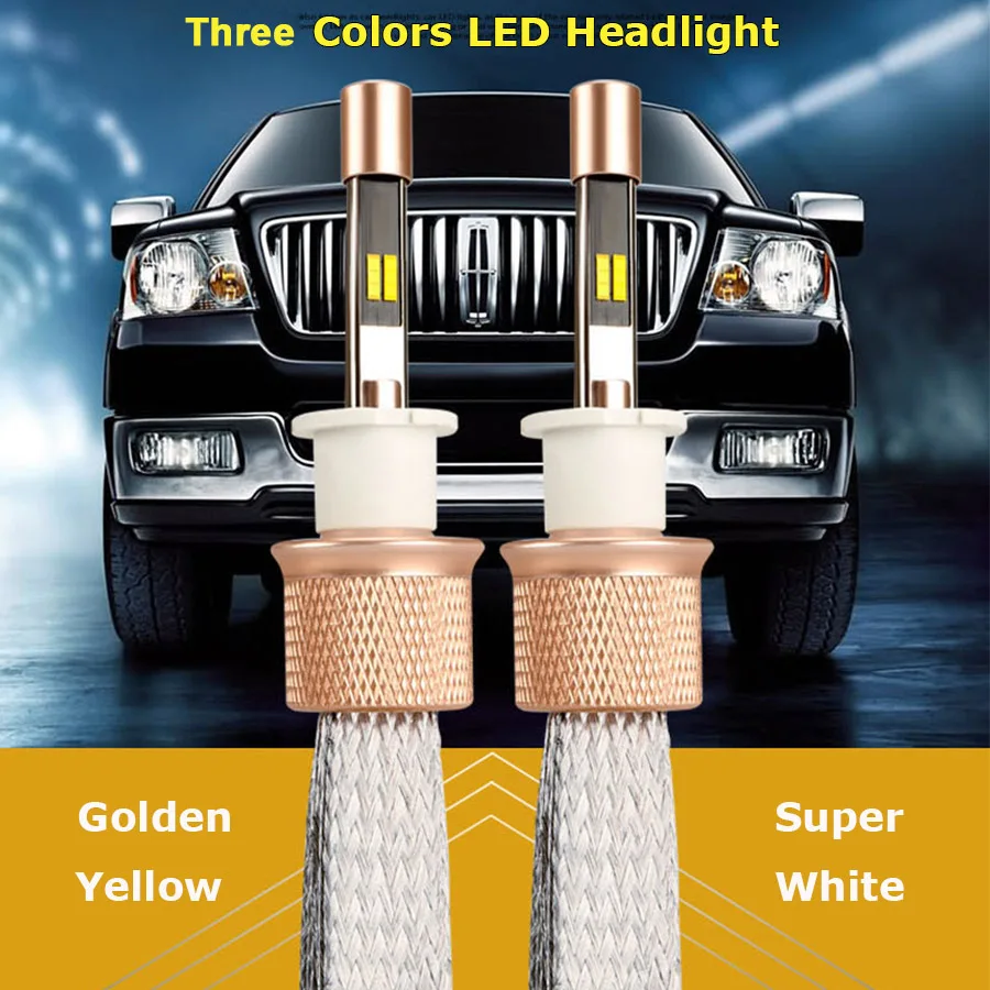 

2018 New 2PC Tri Color car headlight H4 led H7 bulb h1 h11 h8 h9 hb3 hb4 9005 9006 880 881 12V 24V 45w 4800LM auto Headlamp
