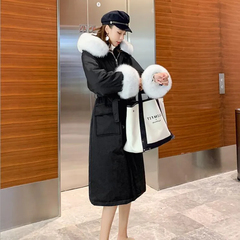 white duck down over the knee down jacket female winter long paragraph fox fur collar to send overcoat