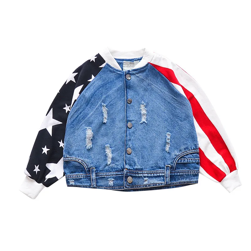 New Best-selling Girls Clothing Autumn Denim Jacket Hole Hit Color Cardigan Shirt Personality Comfortable Sports Jacket 5-12 Y