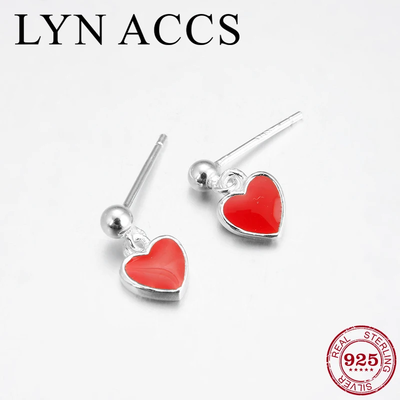 

Sweet Red Enamel Heart Earrings Real 925 Sterling Silver Dangle Drop Earrings for Women Fine Jewelry Accessories 2019 New