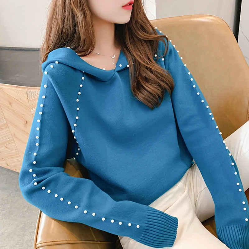 Pull femme nouveaute осенне-зимний свитер для женщин модный свитер с капюшоном и длинными рукавами, украшенный бисером пуловер женский свитер C244