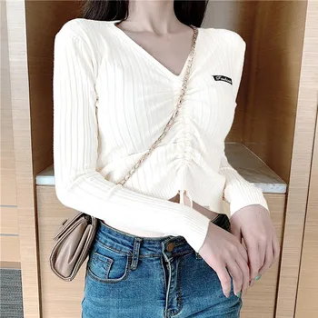 

Women New Letters Print Casual Long Sleeves Sweater V Neck Female Fashion Knitted Pullover Slim Sweater