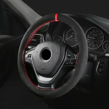 

38cm Four Seasons Universal Red Suede Material Sport Style Durable in use Leather Braid Steering Wheel Cover Car Accessories