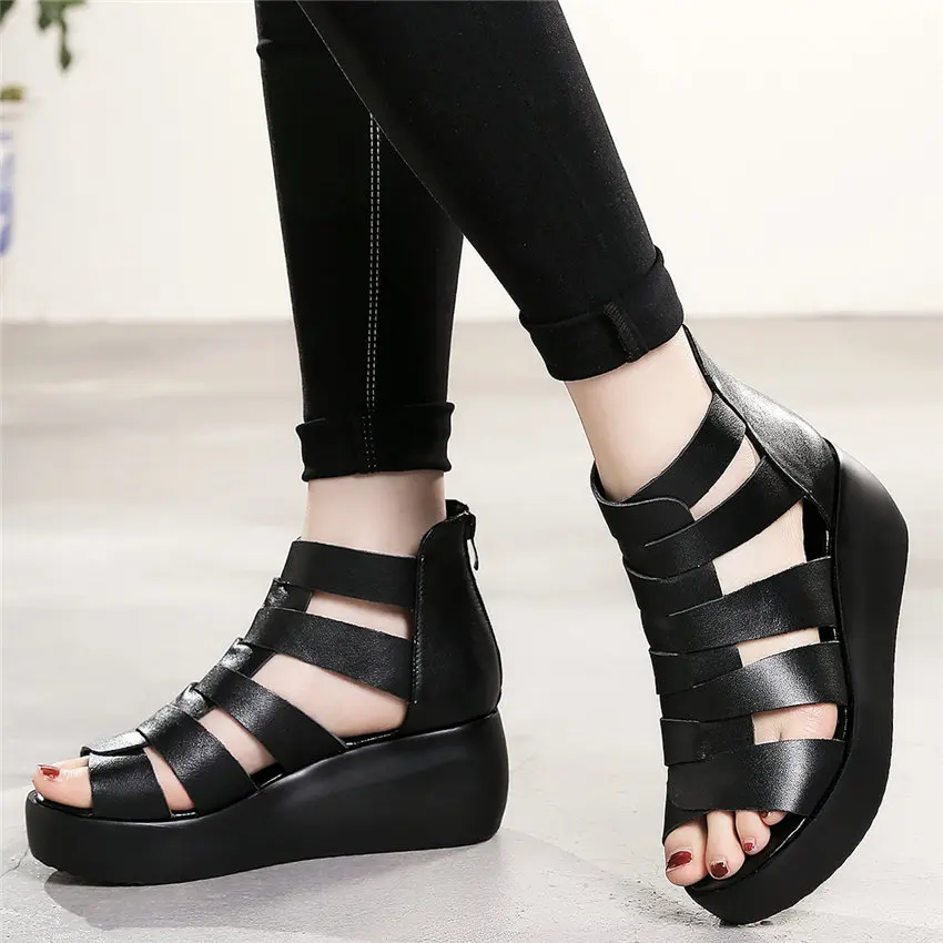 

2020 Summer Fashion Sneakers Women Genuine Leather High Heel Open Toe Gladiator Sandals Platform Wedges Party Pumps Casual Shoes