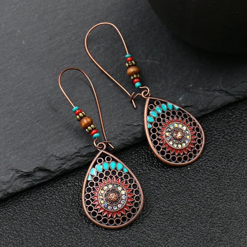 Exknl Fashion Vintage Drop Earrings For Women Alloy Crystal Ethnic Beads Boho Flower Earrings Colorful Dangle Earrings Jewelry