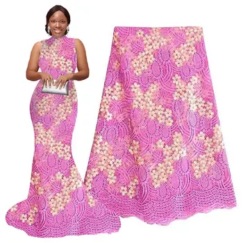 

5 Yards African Lace Fabrics Baby Pink Cream Nigerian French Fabric Embroidery and Rhinestones Guipure Cord Lace