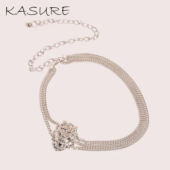 

KASURE Lion Head Crystal Chain Belt Women Luxury Two Leval Thin Waistbelt Dress Decoration Silver Elegant Female Waistband