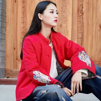 

Cotton and linen parkas 2020 winter new cotton embroidery warm soft vintage women's cotton coats BXF2308