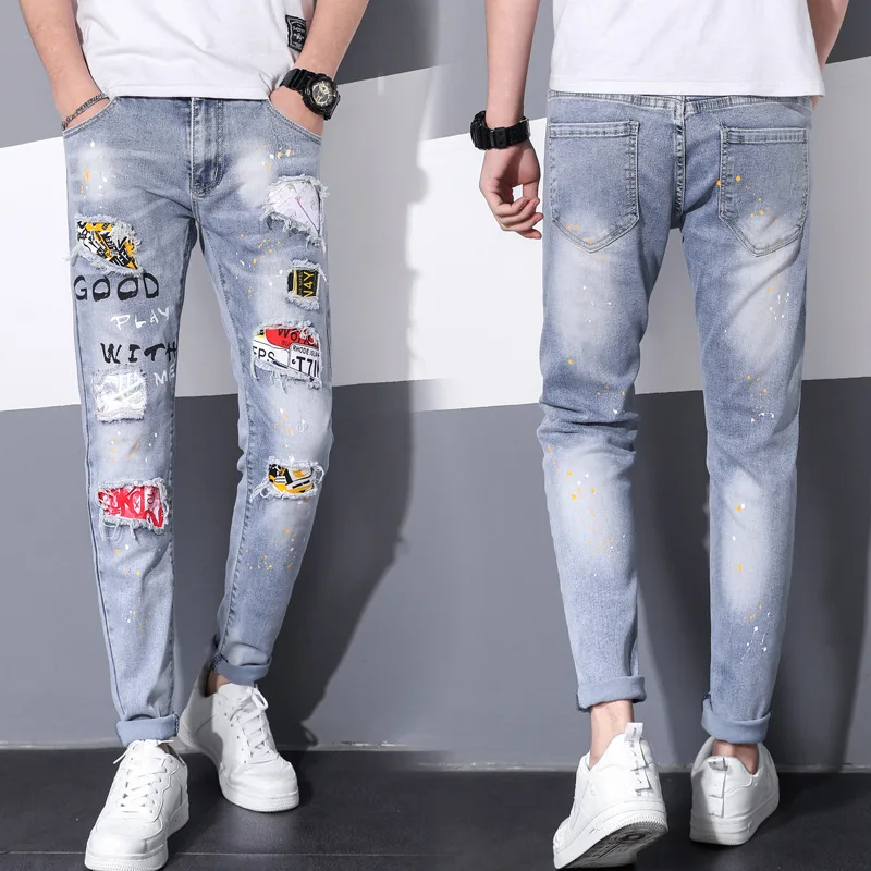 

High Quality Fashion Summer Men's Jeans Teenagers Biker Skinny Casual Personality Trousers Male Denim Zipper Light Blue Pants