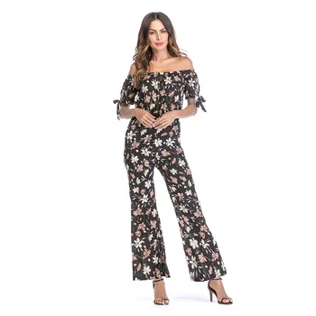 

2019 Elegant Commute Women's Retro Chiffon Floral-Print Horizontal Neck off-Shoulder European And American-Style One-piece Wide-