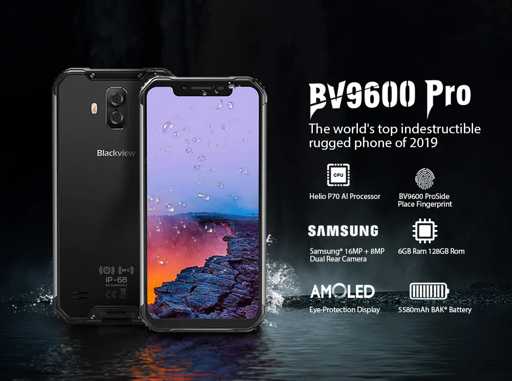 Blackview BV9600 Pro IP68 водонепроницаемый мобильный Helio P70 Восьмиядерный 6 ГБ ОЗУ 128 Гб ПЗУ 6,2" AMOLED Android 9,0 прочный смартфон 4G