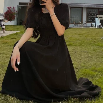 Women's Black Dress Elegant Vintage Midi Dress Square Collar Puff Sleeve Loose Casual Sundress Ladies Dress 4
