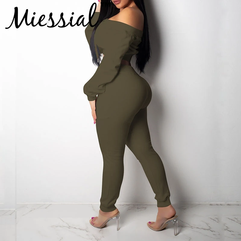 Miessial Knitted Two Piece Suit Off Shoulder Sexy Playsuit Women Long Sleeve Plus Size Rompers Autumn Winter Playsuit Overalls