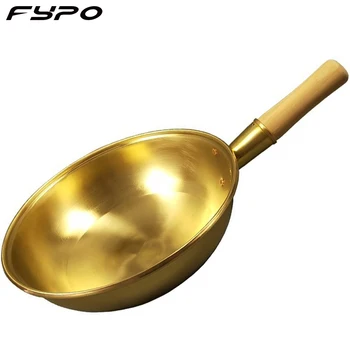 Fypo 100% Pure Copper Wok Pan Copper Pot Thickened Wooden Handle Frying Pan Brass Frying Pan Cookware Cooking Wok Copper Cooker
