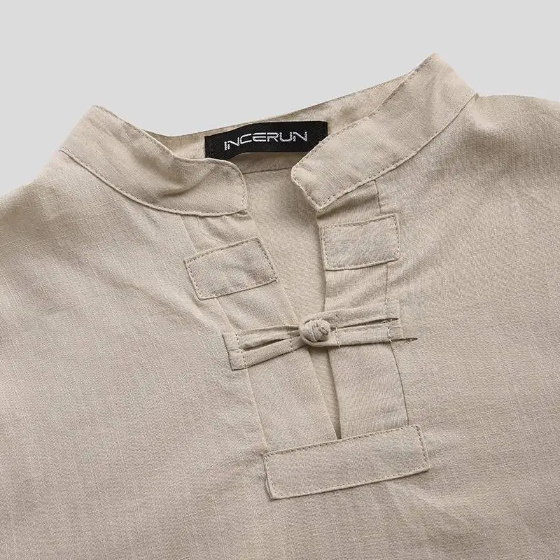 INCERUN Cotton Linen Casual Shirts Men Vintage 3/4 Sleeve Solid Chinese Traditional Tops Stand Collar Shirts Men Tang Suit