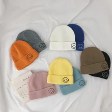 Г. Осенняя теплая шапка-чулок ярких цветов модные бейсболки для малышей, Повседневные вязаные шерстяные шапки с вышитым смайликом