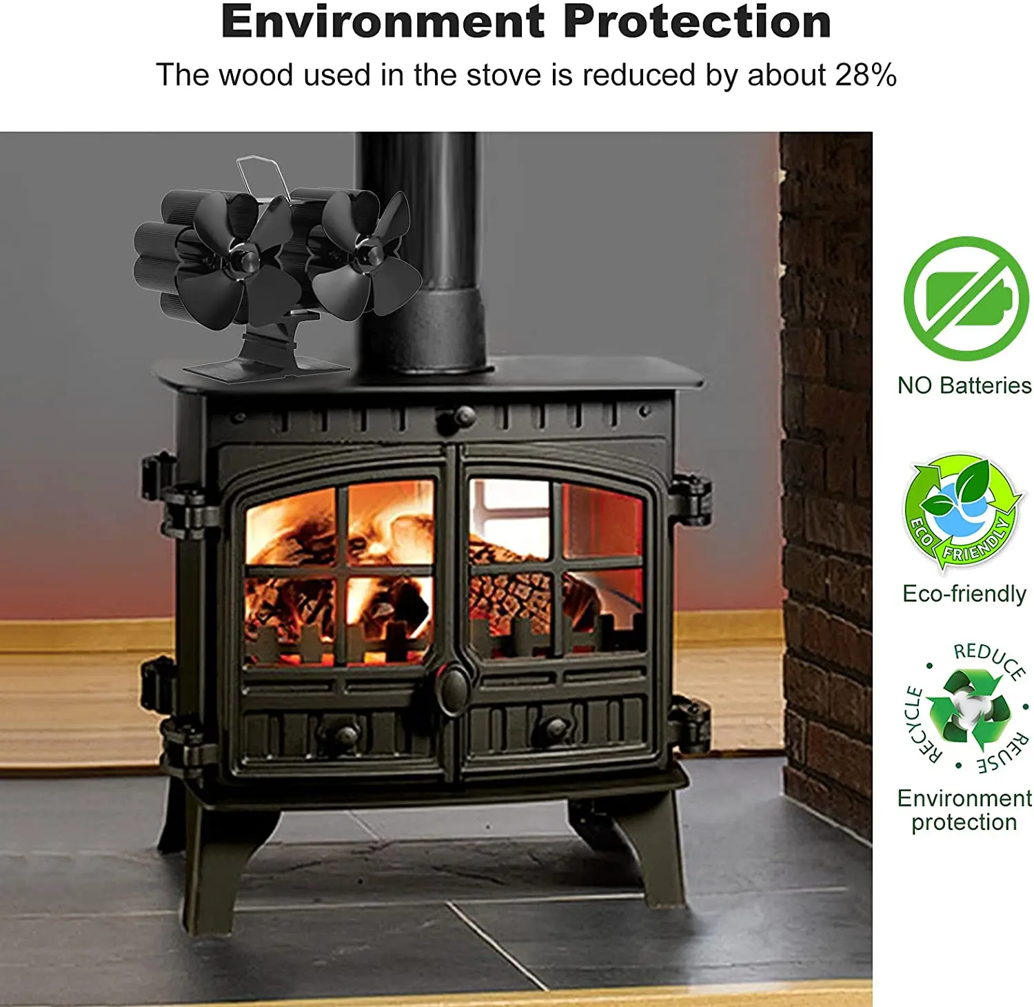  GoolRC Ventilador de estufa de leña de doble cabezal de 8  aspas, mini ventilador de chimenea, ventilador de aire para madera/quemador  de troncos/chimenea, ventilador ecológico : Hogar y Cocina