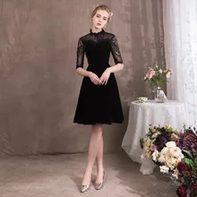 Маленькое черное платье длиной до колена, короткие платья для выпускного вечера с высоким воротником, кружевные платья с короткими рукавами, платья для выпускного вечера