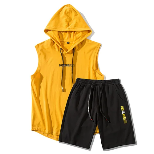 Yellow VOGUELEO стильный модный комплект без рукавов спортивная летняя мужская одежда хип-хоп Спортивный хлопковый с надписью брюки на шнурке - Цвет: Yellow