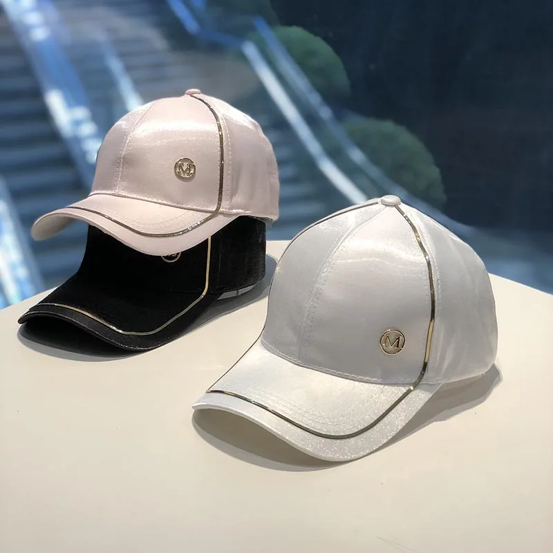 Spring New Women's Peak Hat Hot Rhinestone M Letter Silk Smooth Summer Sunshade Sun Baseball Cap