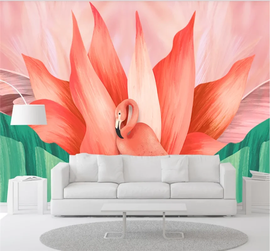 

Custom 8d wallpaper net red style small fresh flamingo watercolor flower sofa background wall covering