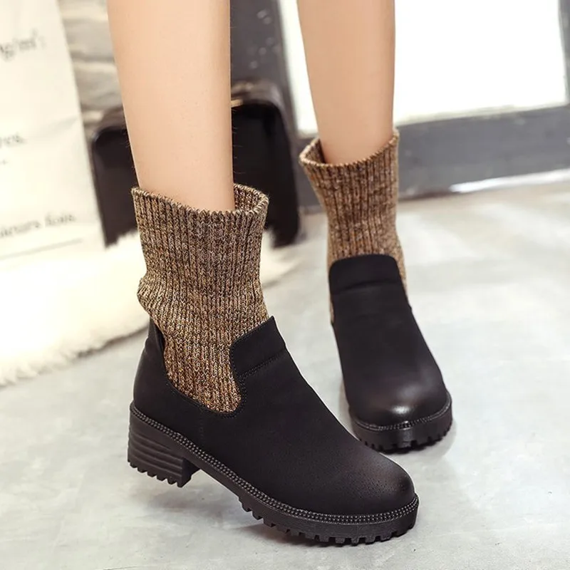 

Round-Toe Semi-high Heeled with Short Boots Women's 2019 New Style Europe And America-Knit Sock Boots Double Purpose Middle Boot
