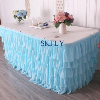 

SK008D Gorgeous many colors available free shipping birthday party wedding ruffled light blue chiffon table skirt with velcro