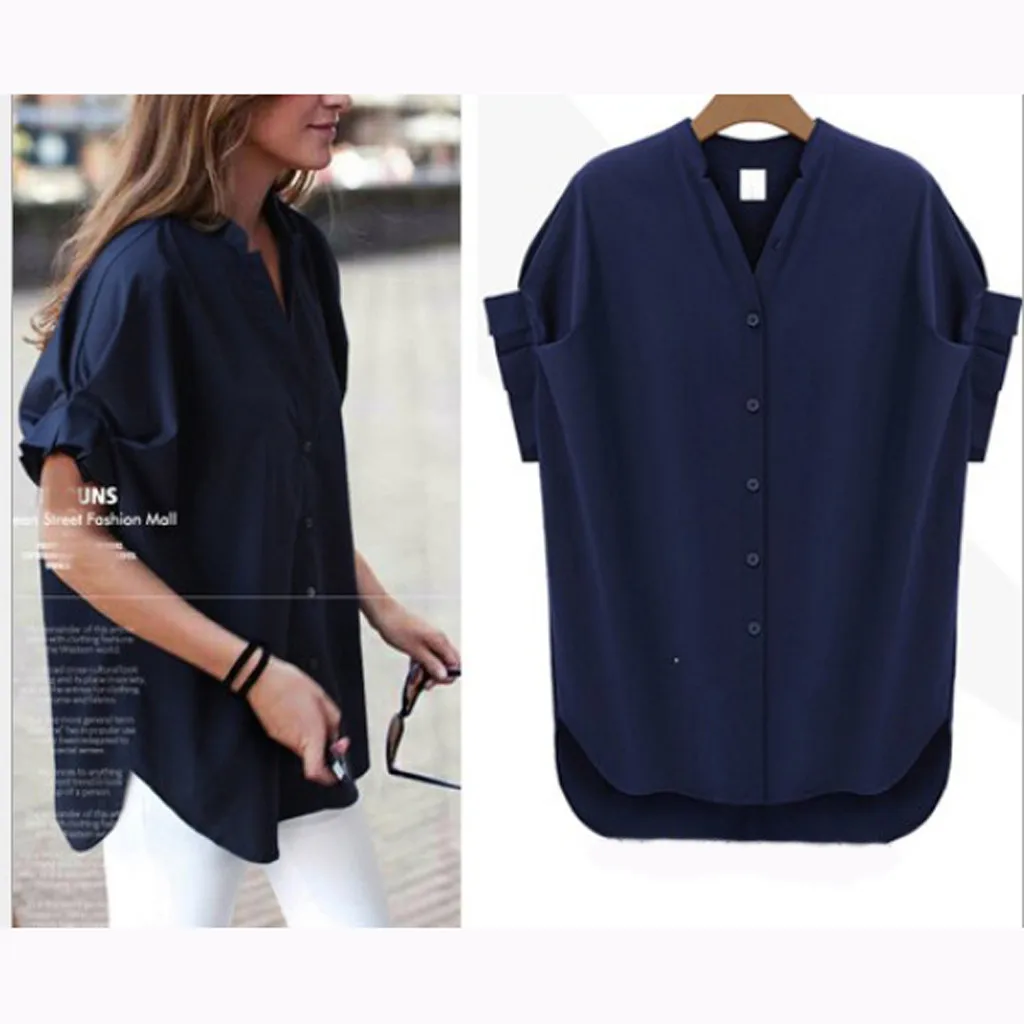 Camisas De talla grande para Mujer, blusa informal De manga corta con cuello De pico, Tops tipo túnica, ropa Vintage, 5xl