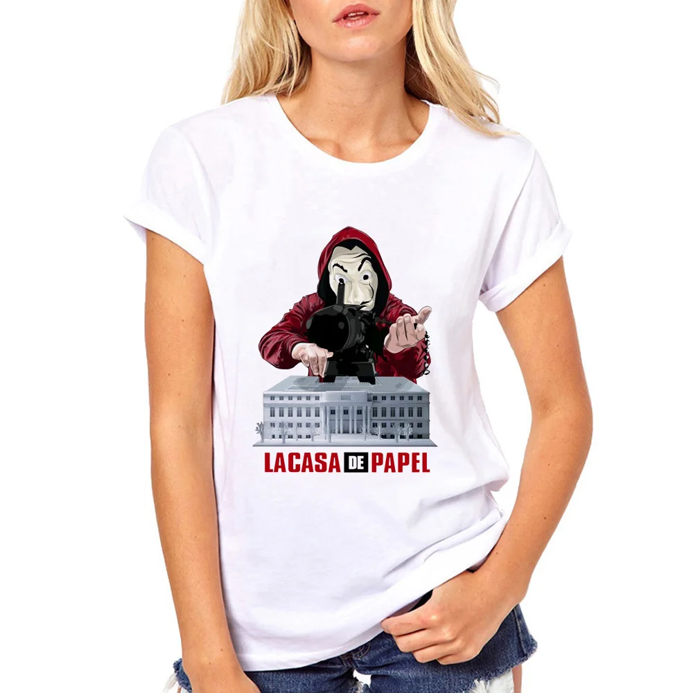 Футболка женская Дизайн La Casa De Papel Забавные футболки деньги Heist ТВ футболки-тенниски для девочек с коротким рукавом футболки дом бумаги