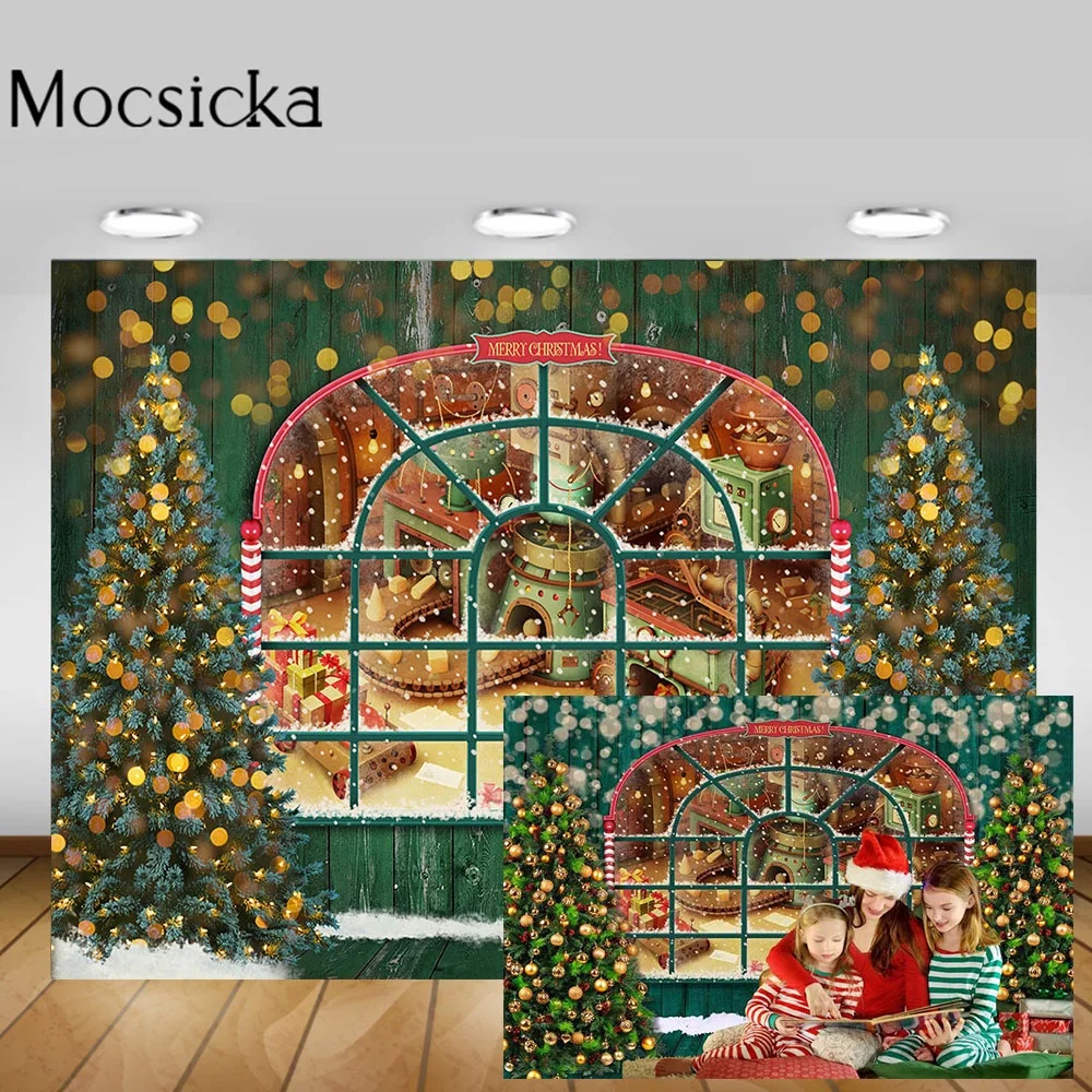 

Mocsicka Merry Christmas Backdrop Holiday Toy Factory Green Wood Photography Background Christmas Tree Snow Child Photocall Prop
