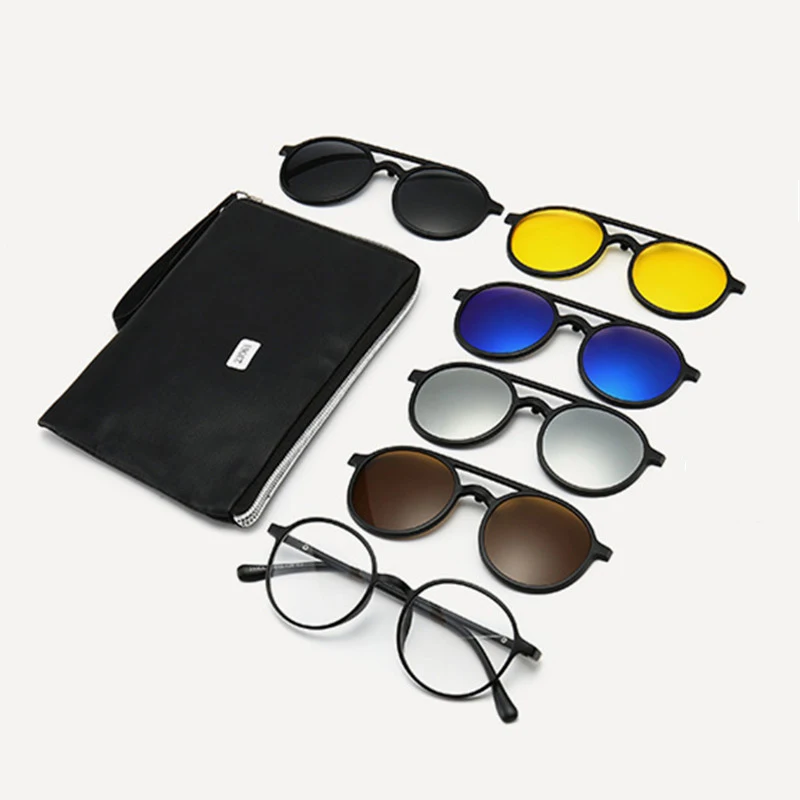 Imixlot 6 In 1 Retro Fashion Round Polarized Optical Frame Magnetic Clip on Sunglasses Unisex Ultra-Light Night Vision Glasses