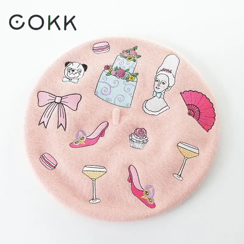 

COKK 100% Wool Beret Handmade Embroidered Women Hat Autumn Winter Warm Hats For Women Lady Painter Cap Vintage Bonnet Pink Beret