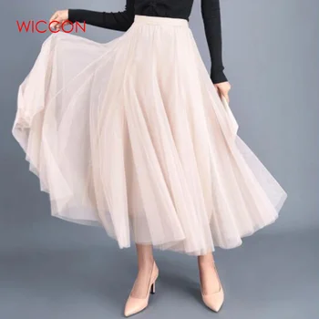 

3 Layers Black Beige Pink Tulle Skirts Womens Vintage High Waist Tutu Skirts Mesh Pleated Female Jupe Longue