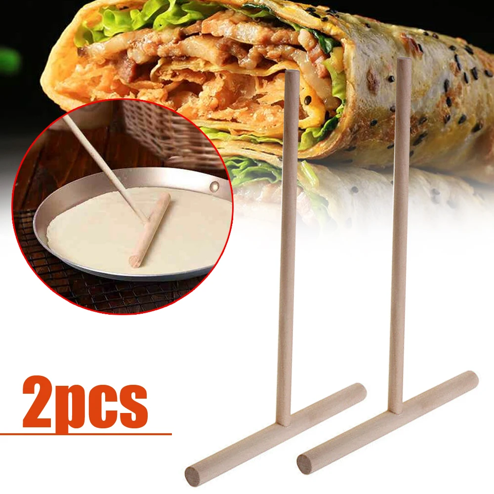 2Pcs Wooden Rake Round Batter Pancake Crepe Spreader Home Kitchen Tool DIY Tools Crepe Maker Kitchen Taco Holder Cooking