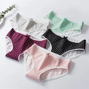 

5 Color Fashion Cotton Sexy Panties Women Striped Bow Breathable Threaded Triangle Middle Waist Panties