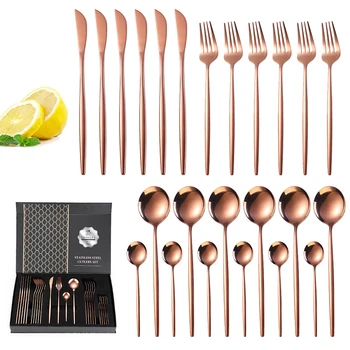 

24Pcs/set 410 Stainless Steel Gold Dinnerware Set Black Dinner Knife Fork Spoon Cutlery Set Kitchen Tableware Silverware Sets