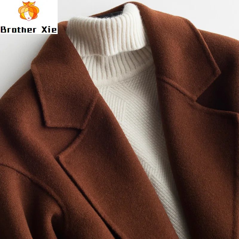 

2020 New double faced wool coat spring women's cashmere coat 100% wool free belt classic autumn winter show thin brown coat