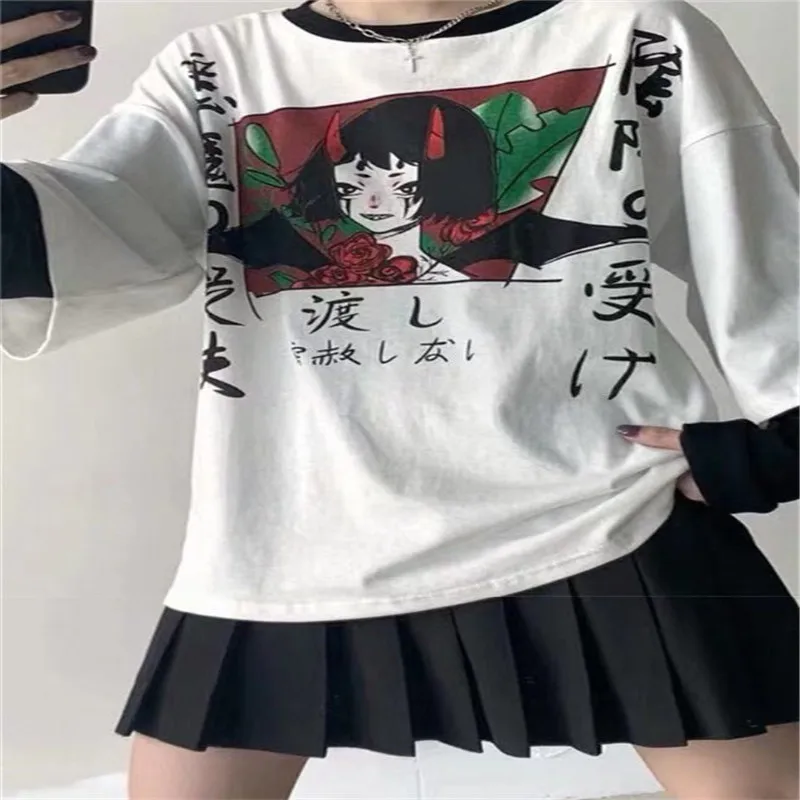 Lychee Harajuku/японская женская футболка с буквенным принтом для девочек, имитация 2 шт., женские пуловеры с круглым вырезом, футболки, повседневные весенние женские футболки, топы