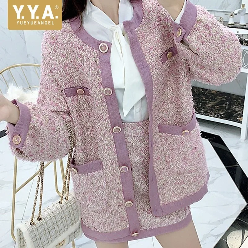 Korean Qualities Panelled Womens Tweed Two Pieces Sets Single Breasted O-Neck Medium Length Loose Coats High Waist A-Line Skirts |
