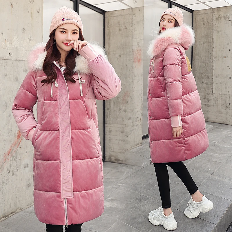 Зимняя куртка для женщин утолщение вниз хлопок тяжелый искусственный шерсть шляпа парка манто Femme Hiver Bayan Монт теплое длинное пальто - Цвет: Pink