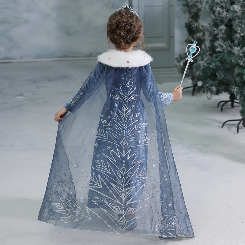 Зимняя одежда с меховым воротником зимняя одежда с длинными рукавами с изображением Анны и Эльзы 2 платье принцессы для девочек, платье на выпускной, платья принцессы для девочек детское вельветовое платье Vestidos