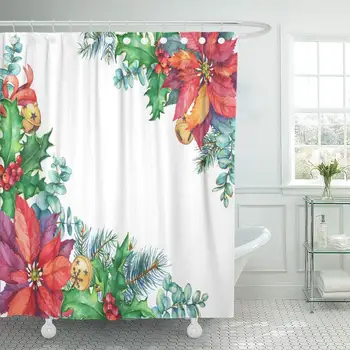 

Fabric Decorative Shower Curtain Curtains Set with Hooks Christmas Tree Poinsettia Holly Bell Watercolor Painting Isolated On