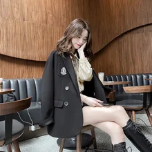 *#Best Price Black Badge Woolen Jacket Female 2019 Autumn and Winter New British Double-breasted Coat In The Long Section Loose Retro *#Best Price Black Badge Woolen Jacket Female 2019 Autumn and Winter New British Double-breasted Coat In The Long Section Loose Retro