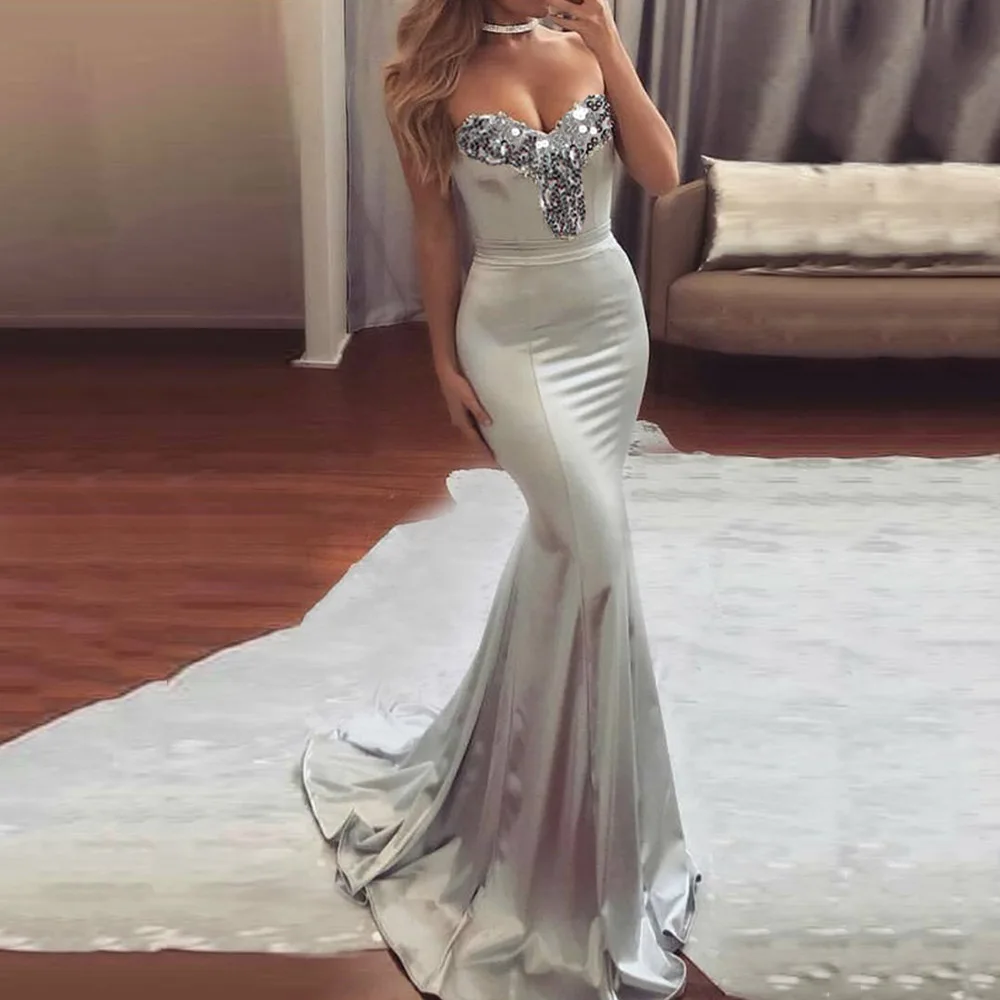 

Gray Strapless Long Evening Party Dress Sexy Backless Mermaid Formal Gown Party Dresses African Women Sequins Patchwork Robe