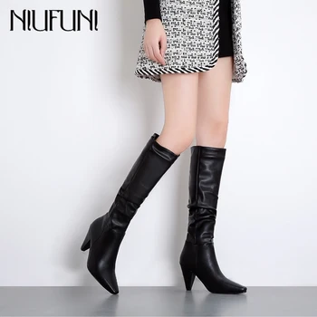 

Fashion PU Leather Knee High Riding Boots Women Autumn Winter Shoes Thick Heel Square Toe Boots Black/Kahaki/White Botas Mujer