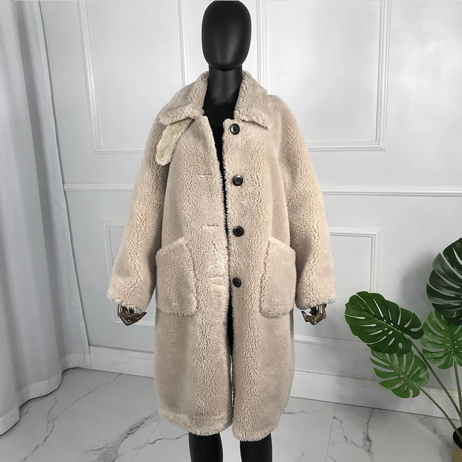 Длинное Новое Стильное зимнее модное пальто с плюшевым мишкой, шерстяное пальто, куртка, комбинированное пальто из овечьей шерсти с пуговицами, с отложным воротником