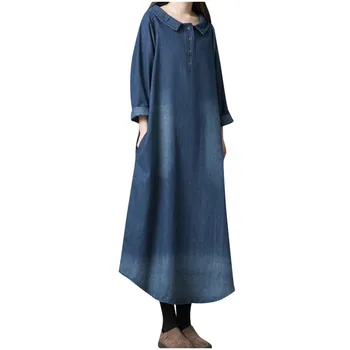 

KLV dress women dress Women Fashion Casual Denim Loose Dress Doll Collar Pocket Button Long Dress платье женское Free shippingD4